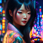 Asian Woman Portrait in Colorful Attire Against Neon Cityscape