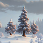 Winter landscape with snow-covered fir trees and magical glowing atmosphere