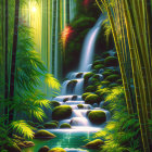 Serene bamboo forest with luminous waterfall & tranquil pond