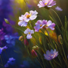 Colorful Purple and White Flowers on Dark Bokeh Background with Sunlight Filtering Through Petals