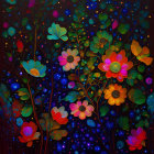 Colorful Stylized Flowers in Orange, Blue, and Purple on Dark Background