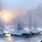 Winter cabin by river with snow-covered trees and birds in misty sky