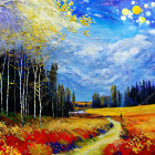 Autumn landscape oil painting with vibrant colors and textured brushstrokes