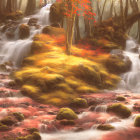 Tranquil autumn landscape with waterfalls, moss-covered stones, and vibrant orange foliage