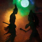 Silhouetted tribal figures dancing under moonlit nebula sky