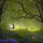 Enchanted forest with glowing fairy, magical fireflies, and purple flowers