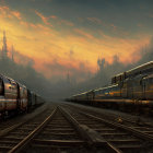 Vintage steam locomotive and modern train on parallel tracks with futuristic cityscape and hazy sunset.