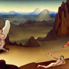 Surreal landscape featuring mountains, winged figure, person carried, figure with sword