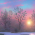 Snow-covered winter cabins surrounded by trees in soft sunlight