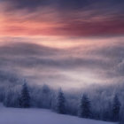 Snow-covered trees in serene winter dusk with glowing sunset and purple-red clouds