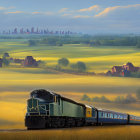 Scenic train journey through rolling hills at sunrise or sunset