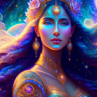 Stylized portrait of woman with golden jewelry and cosmic background