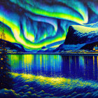 Colorful Aurora Borealis Over Mountain Lake at Night