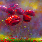 Vibrant red poppies on purple, gold, and gray background with paint splatters