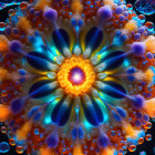 Colorful Symmetrical Fractal Image with Glowing Orbs and Cosmic Backgrounds