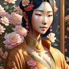 Traditional Asian Attire Woman Amid Pink Roses