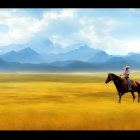 Horseback rider in golden field with foggy mountains