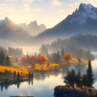 Majestic sunrise mountain landscape with misty water and autumn trees