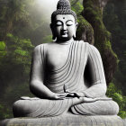 Buddha statue meditating in forest with green foliage