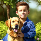 Young boy in denim jacket cuddling golden retriever in nature setting