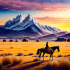 Cowboy on horseback in vast desert with dramatic sunset sky