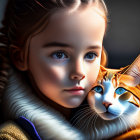 Young woman with striking eyes posing with orange and white cat in close-up portrait.