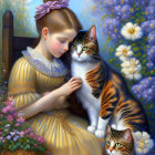 Girl in Yellow Dress with Cats in Idyllic Landscape