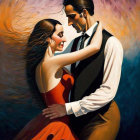 Stylized painting of couple dancing passionately in black vest and red dress