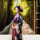 Woman in Colorful Kimono and Floral Hair in Bamboo Grove