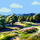 Tranquil landscape with lush trees, wildflowers, winding path, and blue mountains