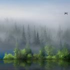 Tranquil landscape with misty forest, reflective water, and flying birds