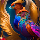 Colorful Phoenix Birds Illustration on Golden Background