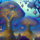 Surreal landscape with luminescent trees and multiple moons