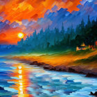 Colorful sunset digital artwork of rocky seaside with reflections in water