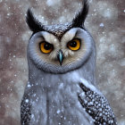 Detailed Owl Illustration with Striking Yellow Eyes in Snowy Scene