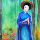 Traditional Asian Attire Figure in Conical Hat Amidst Stylized Trees and Boat