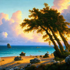 Tranquil beach landscape with windswept tree, rocks, blue waves, and sailboats