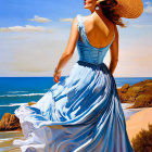 Woman in Blue Dress on Beach with Ocean Background