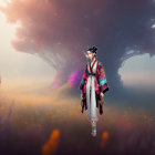 Traditional Japanese kimono woman in misty field with purple flowers