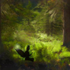 Translucent-winged figure in sunlit forest scenery