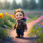 Woman in flowing dress walking through sunrise flower field