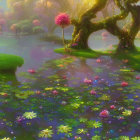 Tranquil Fantasy Landscape with Stream and Flowering Trees