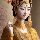 Illustrated woman in traditional attire with gold jewelry against floral backdrop