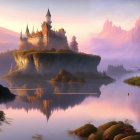 Woman in red cloak by serene lake with castles and mountains at sunrise