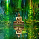 Golden Buddha statue meditating by forest pond with lush greenery