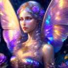 Female fairy with iridescent wings among blooming roses and floral embellishments