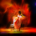 Woman in flowing white dress dances in cosmic nebula backdrop