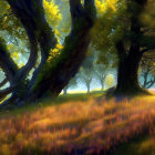 Sunlit Forest Scene with Purple Wildflowers and Golden Leaves