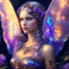 Fantasy illustration of luminescent-winged fairy with butterflies and flowers