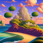 Fantastical landscape with grand castle, whimsical trees, floating islands, vintage ships